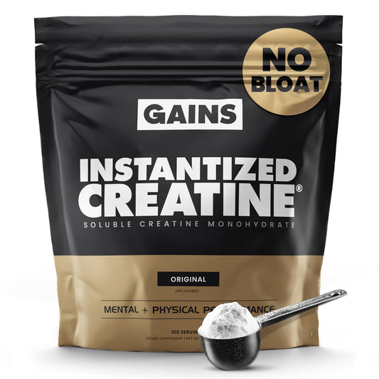 GAINS IN BULK instantized creatine powder dissolves quickly for clean muscle support.