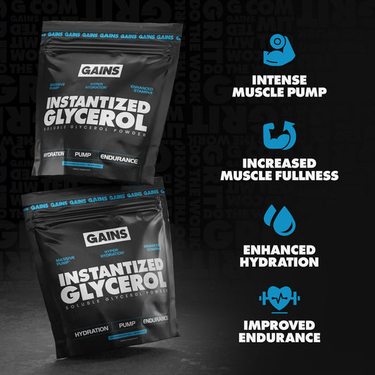 GAINS IN BULK glycerol powder scoop ready for pre-workout mixing.