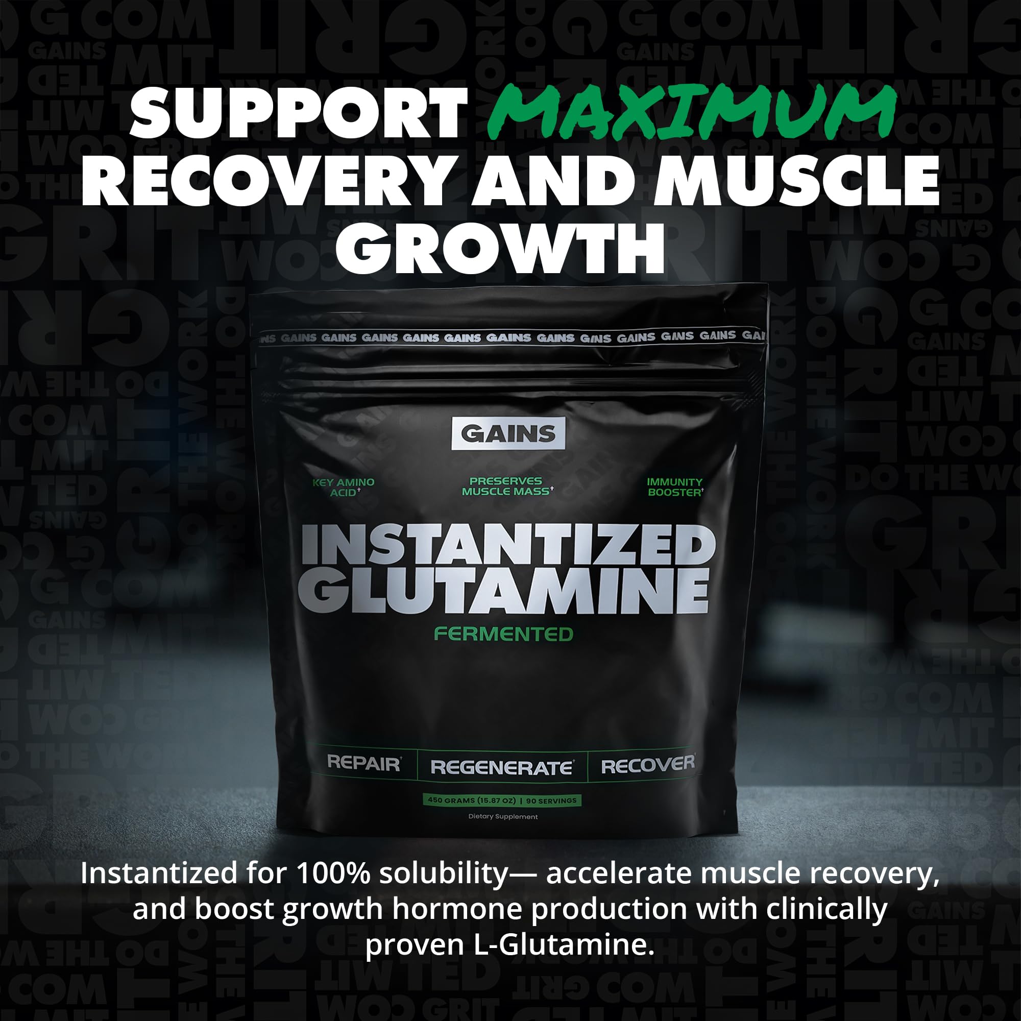 GAINS IN BULK L-Glutamine powder dissolving in a glass of water.