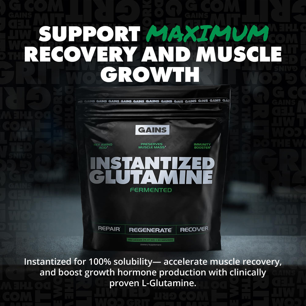 GAINS IN BULK L-Glutamine powder dissolving in a glass of water.