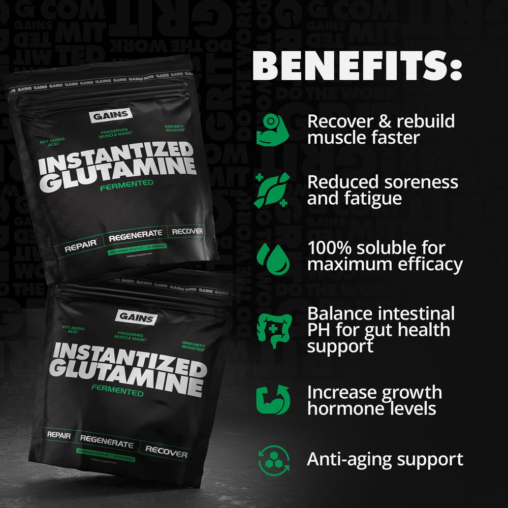GAINS IN BULK L-Glutamine label close-up showing gluten-free claim.