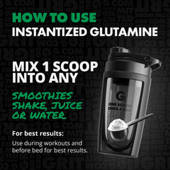 GAINS IN BULK L-Glutamine packaging close-up with product details.