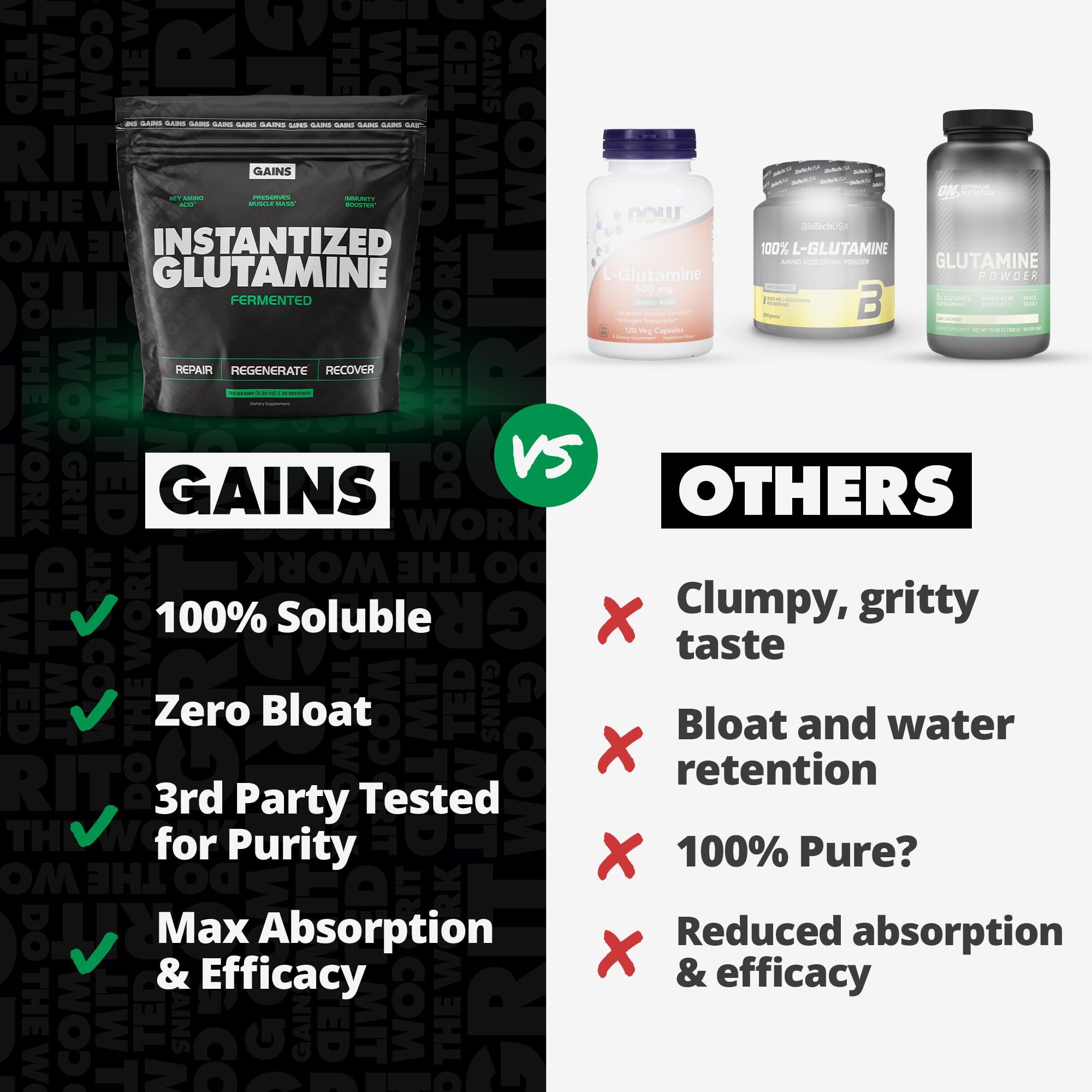 GAINS IN BULK L-Glutamine on a store shelf display.