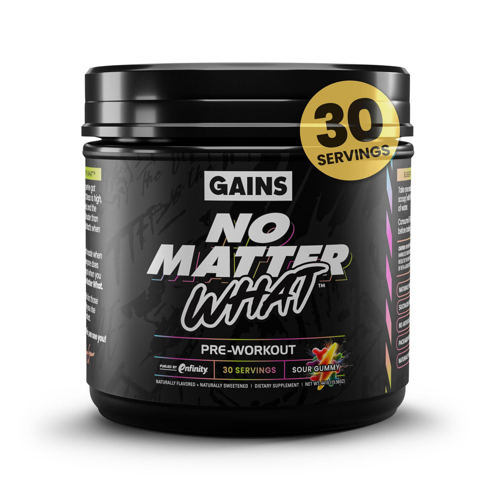 Gains in Bulk No Matter What bottle front for on-the-go energy during workouts.
