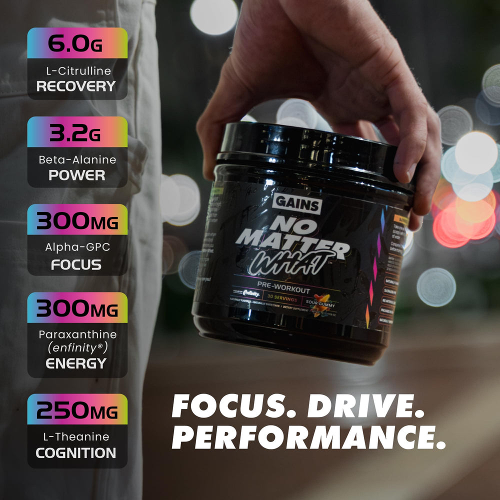 Gains in Bulk No Matter What being poured into glass for a clean energy boost.