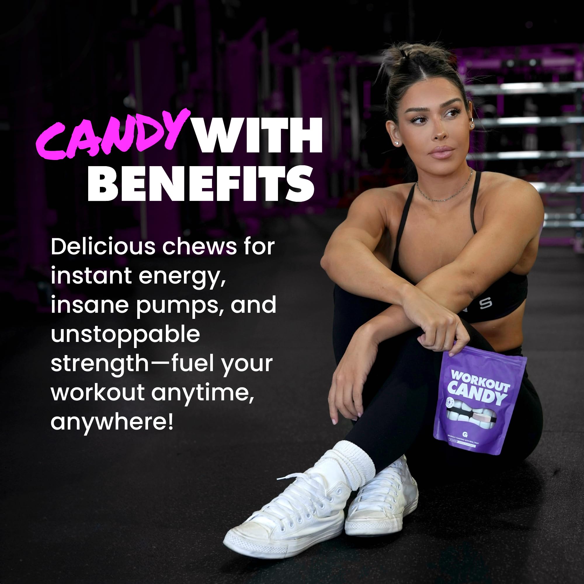 GAINS IN BULK Workout Candy chews close-up highlighting sour fruit flavor and easy dosing