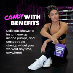 GAINS IN BULK Workout Candy chews close-up highlighting sour fruit flavor and easy dosing