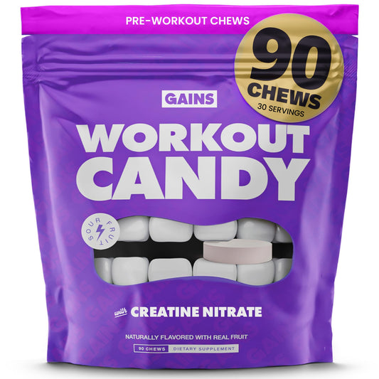 GAINS IN BULK Workout Candy packaging on shelf for convenient energy support