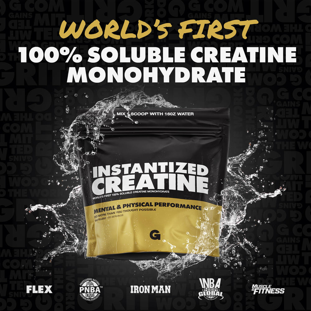 GAINSINBULK zero-bloat formula for lean, easily mixable creatine in shakes.