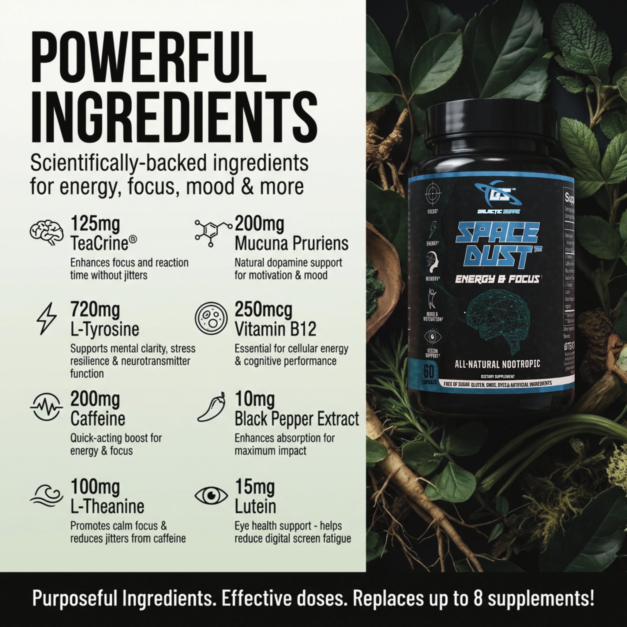 GALACTIC SUPPS Space Dust capsules closeup for clean energy and focus.