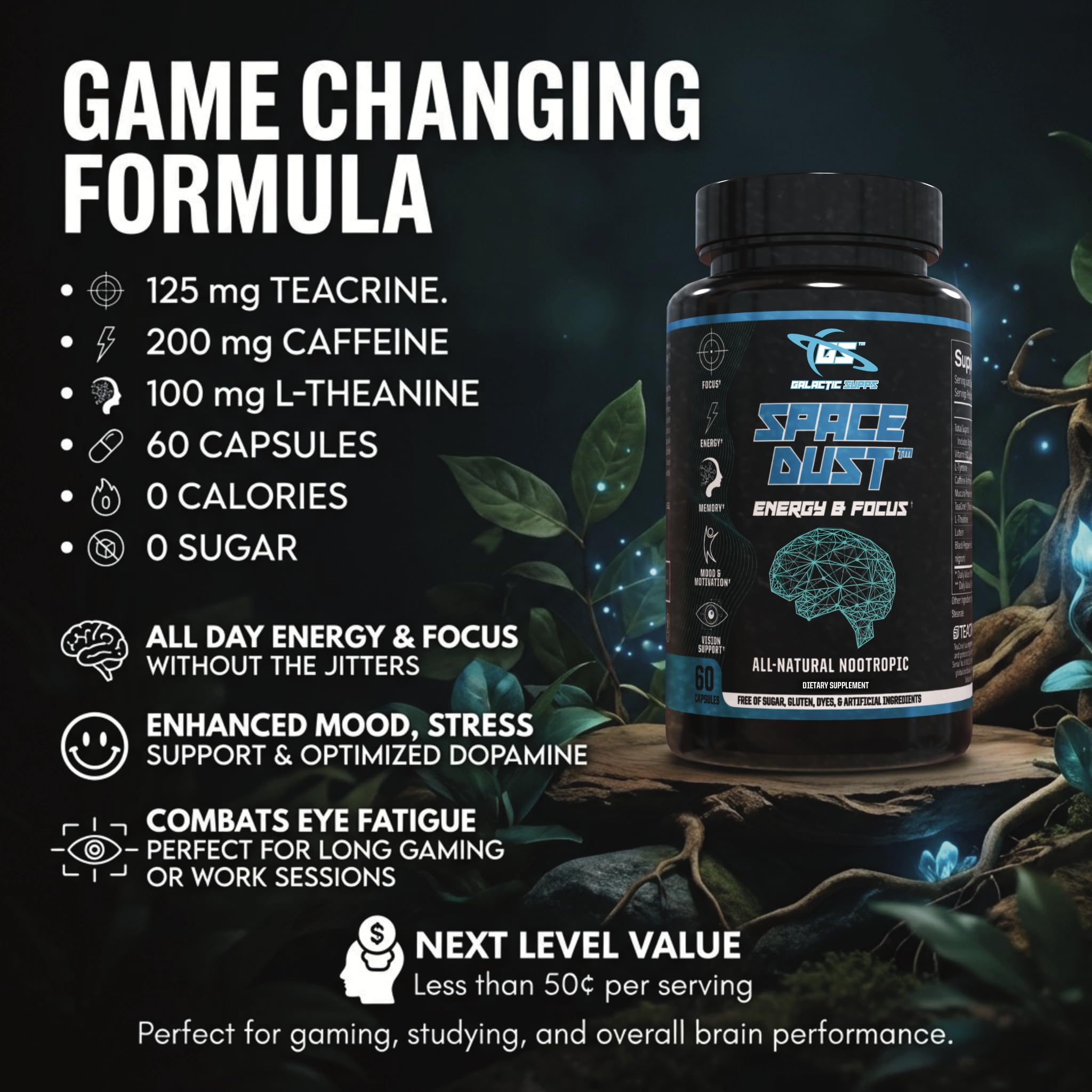 GALACTIC SUPPS Space Dust label ingredients for focused performance.