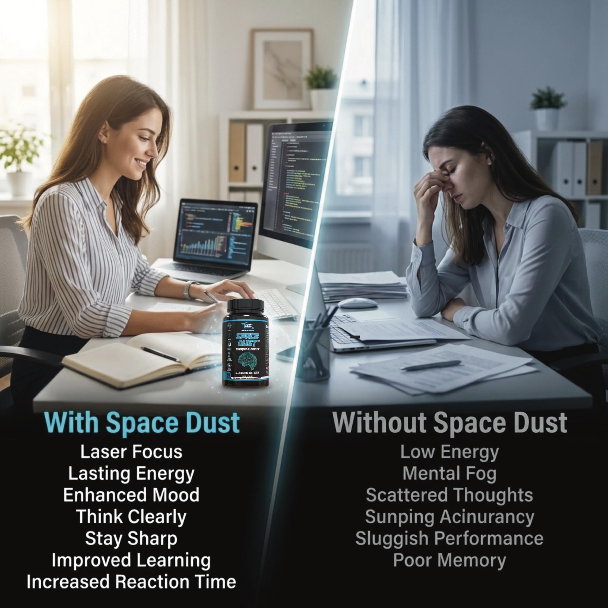 GALACTIC SUPPS Space Dust pack on shelf signaling daily cognitive support.