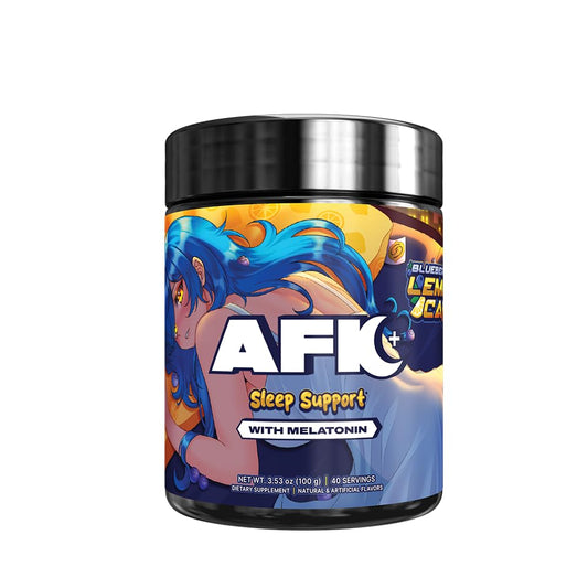 Gamer Supps AFK+ Blueberry Lemon Cake bottle, keto-friendly sleep aid.