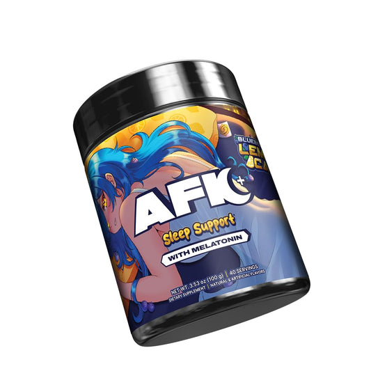 AFK+ Blueberry Lemon Cake pour, magnesium-melatonin blend for bedtime.