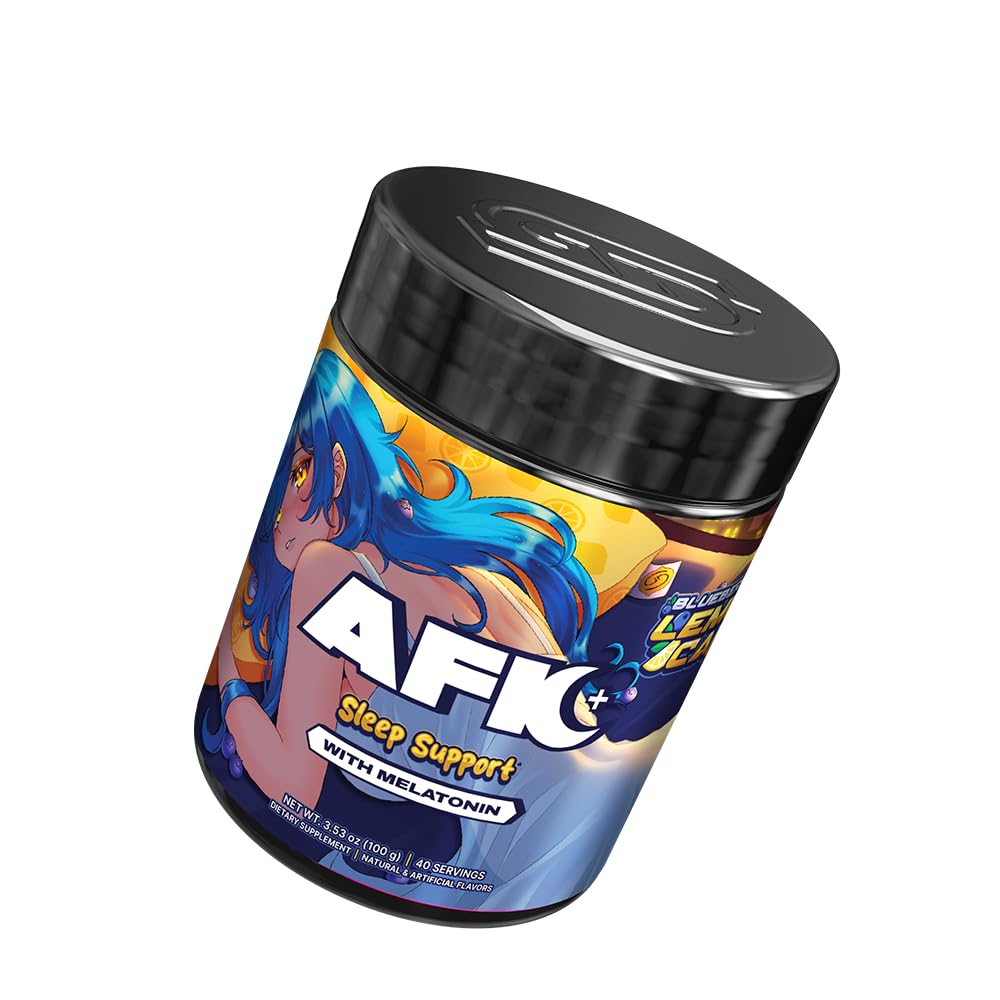 Serving scoop beside AFK+ bottle highlights sugar-free sleep support.