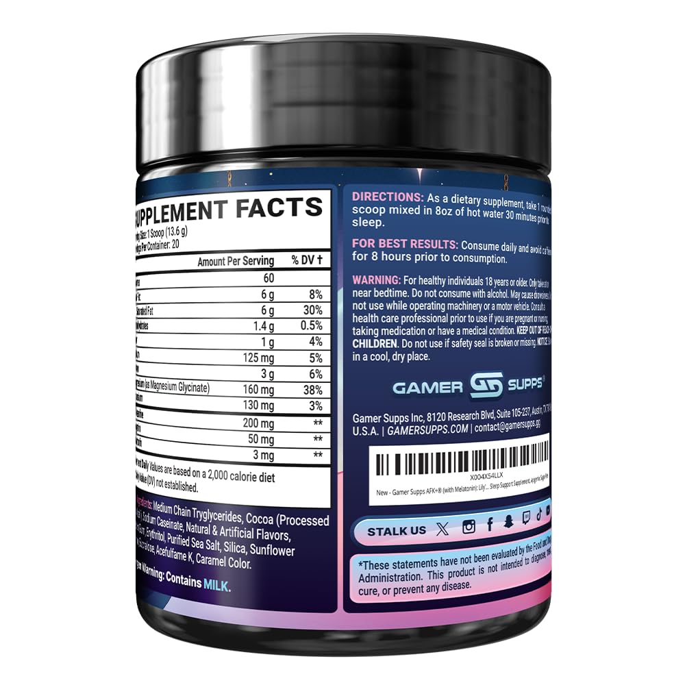 Gamer Supps AFK+ Lily's Lullaby packaging highlighting magnesium-based sleep support.
