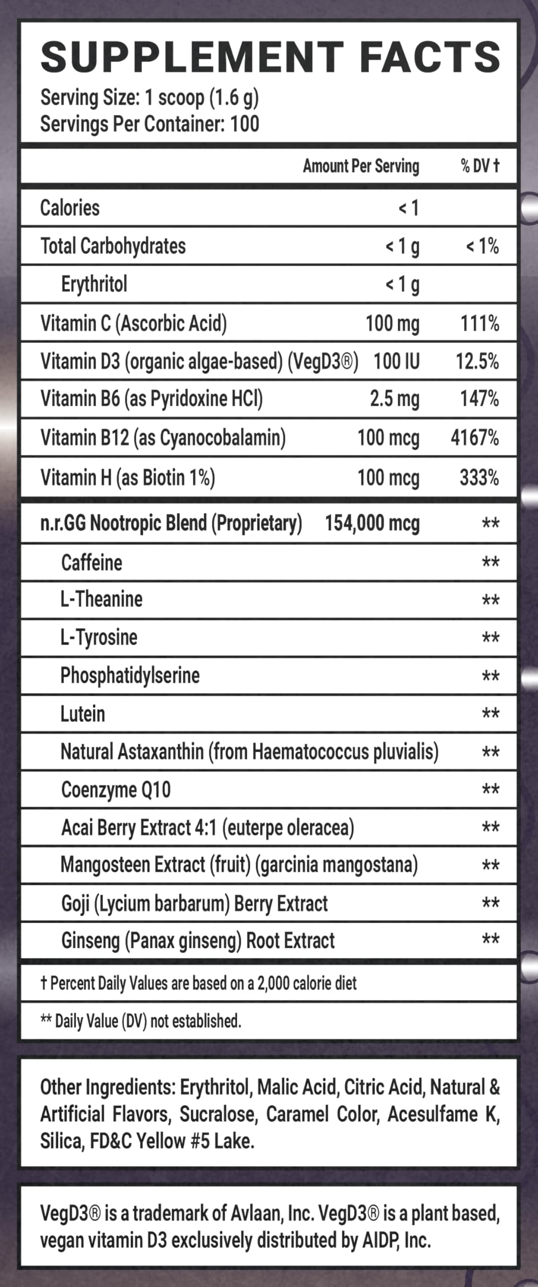 Gamer Supps GG Crusaderade vitamin blend closeup with vitamins C, D3, B6, B12 and H