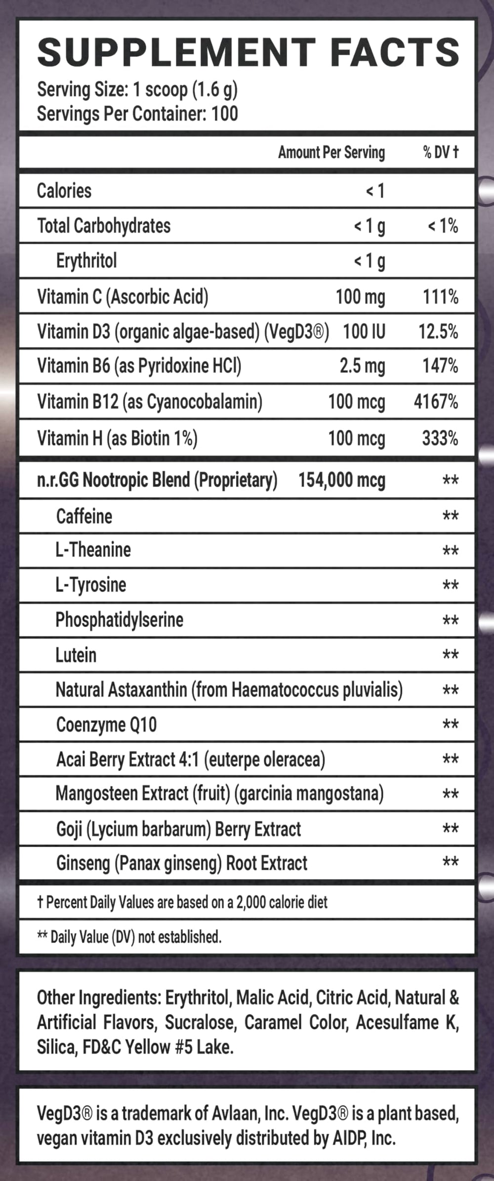 Gamer Supps GG Crusaderade vitamin blend closeup with vitamins C, D3, B6, B12 and H