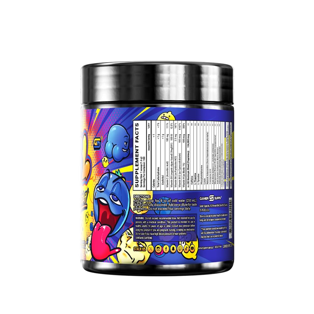 Gamer Supps GG Energy BBL Blueberry Lemonade drink demonstrates sugar free, low calorie energy