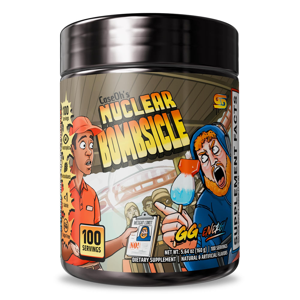 Gamer Supps GG Energy CaseOh's Nuclear Bombsicle cherry flavor for focused gaming.