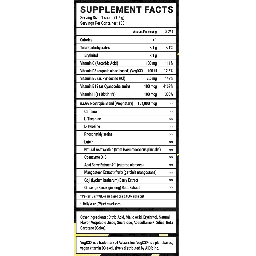 Nutritional panel on GG Energy Lemonade bottle highlights vitamins and caffeine.