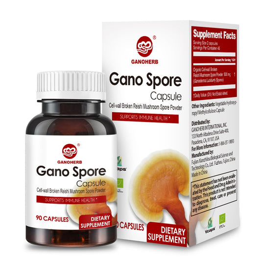 GANOHERB Reishi capsules bottle front showcasing vegan, organic wellness option