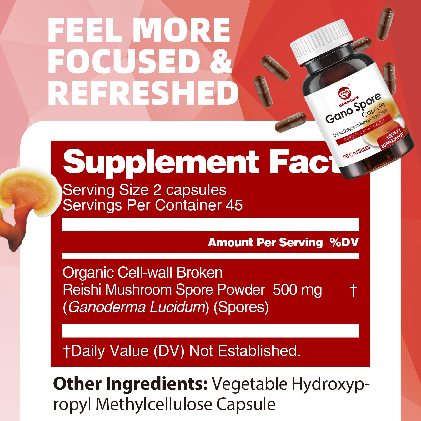 GANOHERB Reishi capsules label detail with organic certification