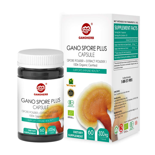 GANOHERB Organic Reishi Spore Capsules bottle for daily wellness.