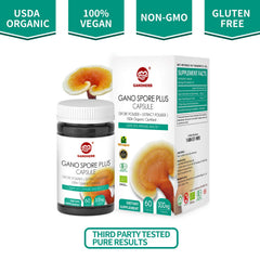 GANOHERB Spore Plus Extract capsule close-up highlighting enhanced absorption.