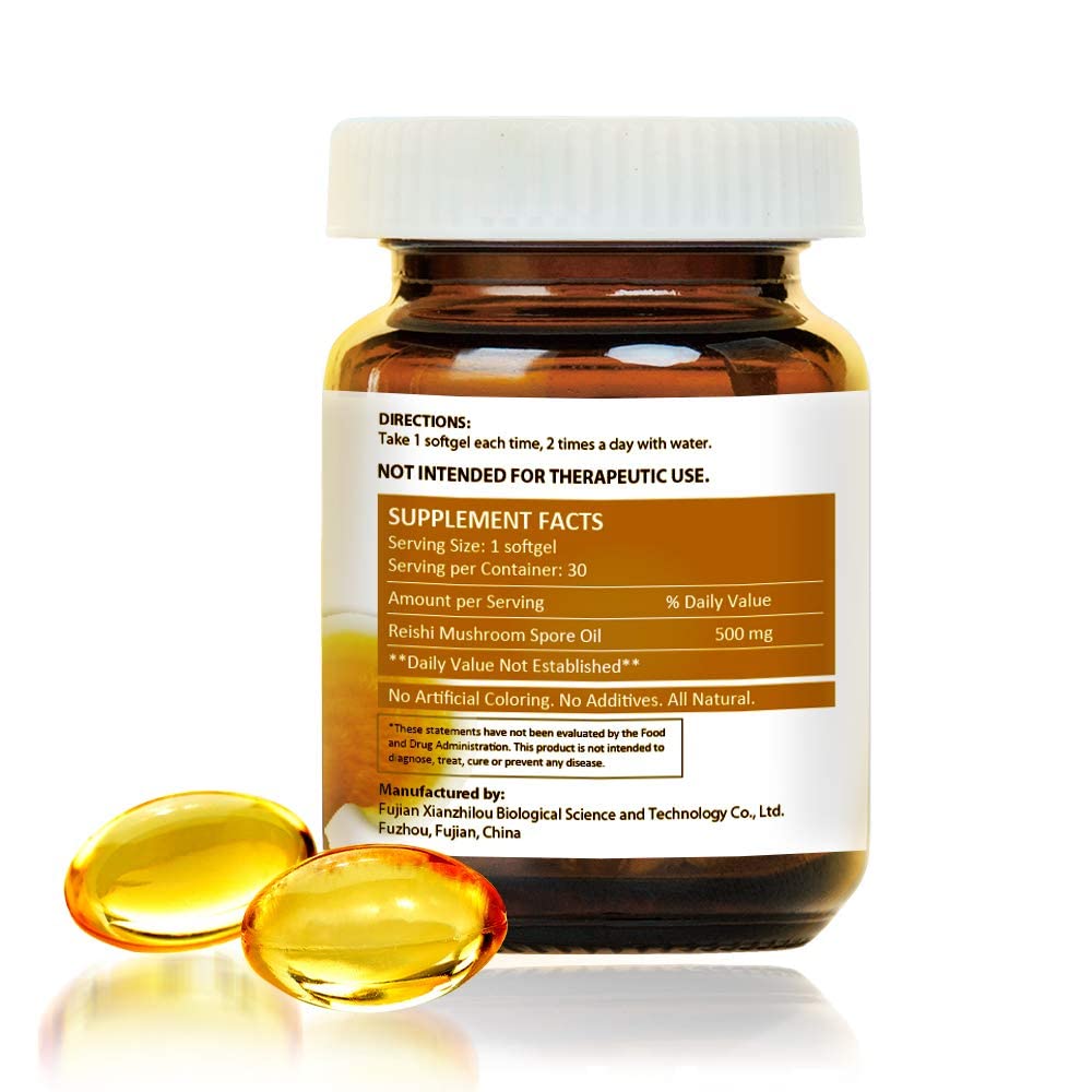 Label on GANOHERB Reishi Spore Oil highlights organic, vegan, non-GMO formulation.