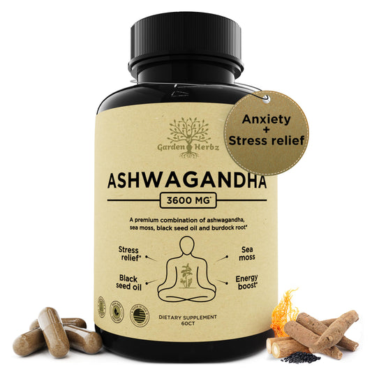 Garden of Herbz ashwagandha bottle 60 capsules for daily vitality.