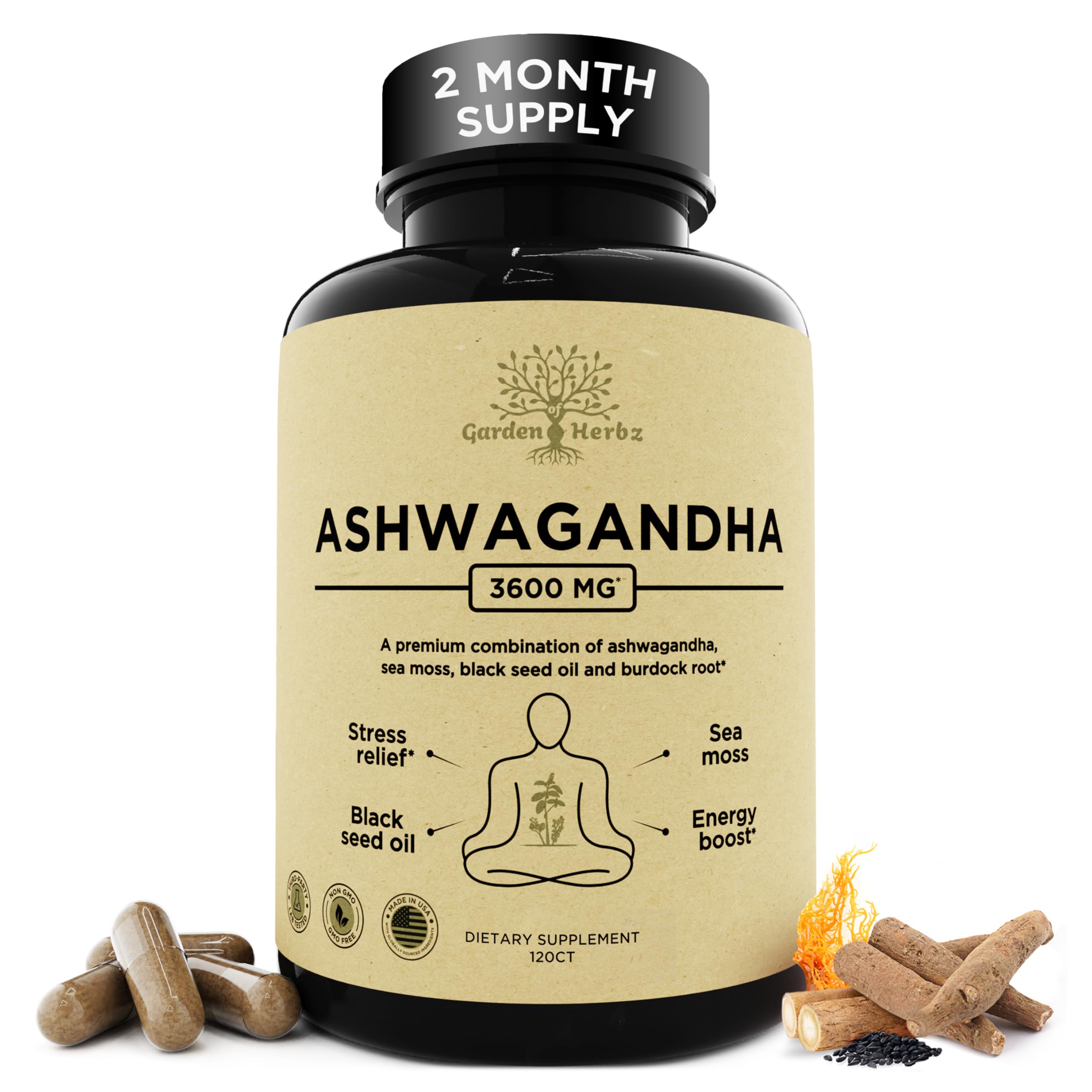 Garden of Herbz ashwagandha root capsules for balanced mood and energy.
