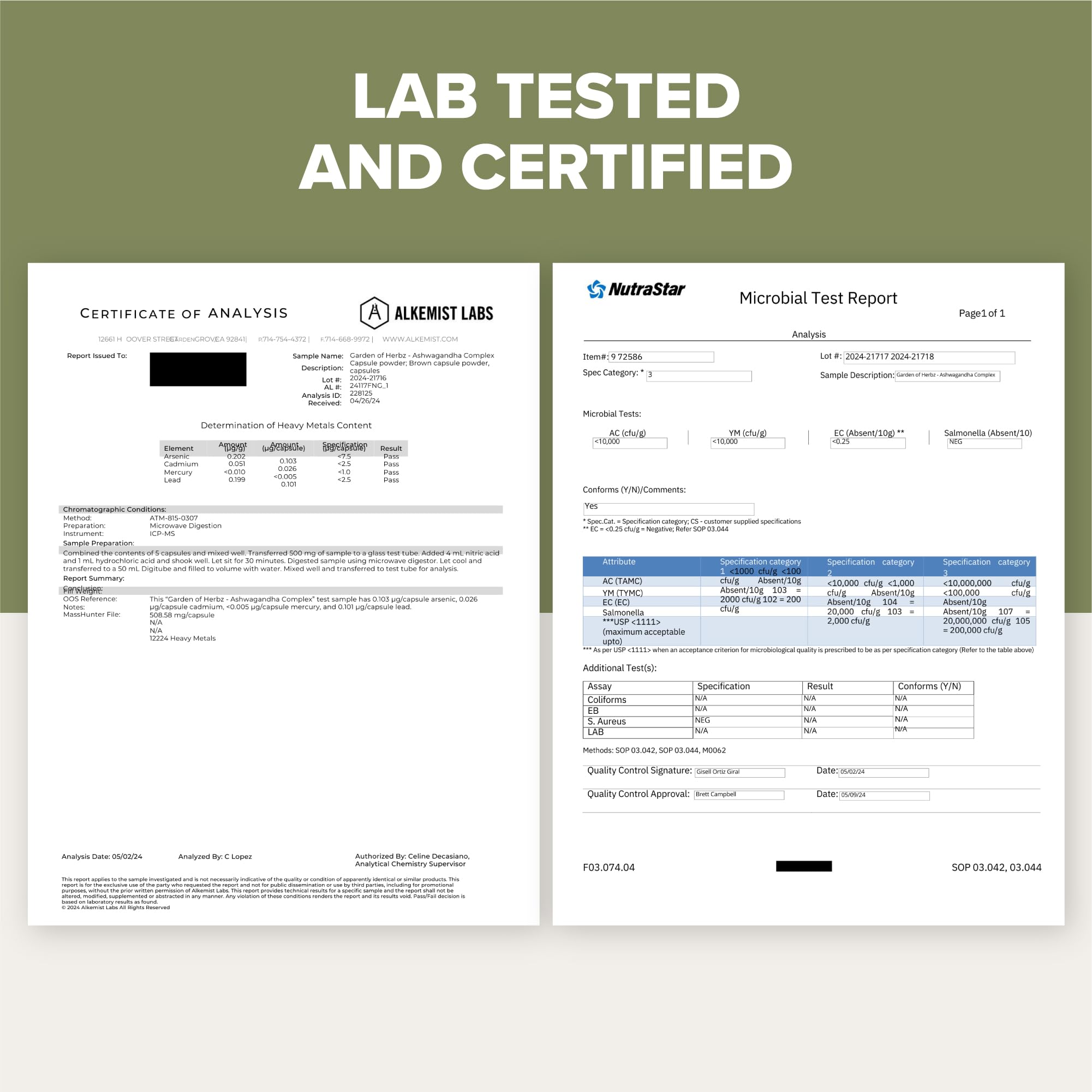 Garden of Herbz capsule label shows third-party testing.