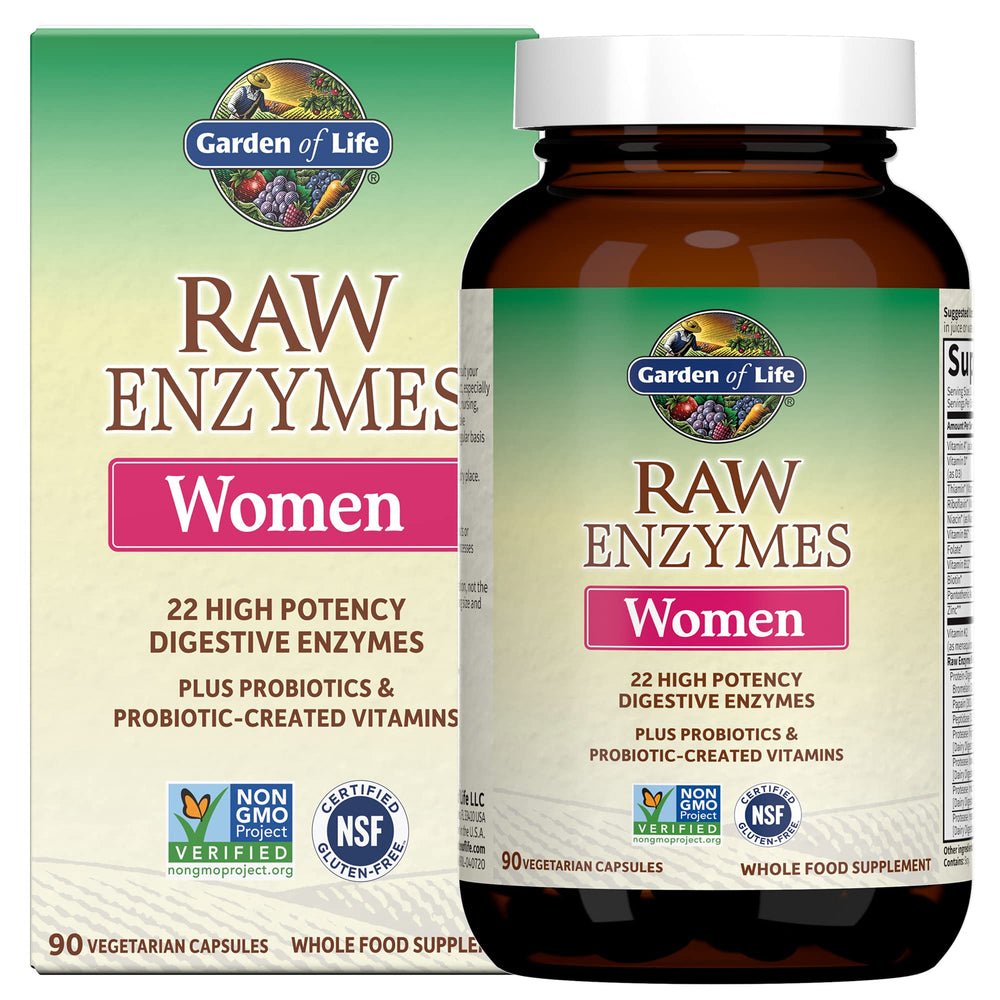 Garden of Life RAW Enzymes for Women bottle showing 22 enzymes for digestion support