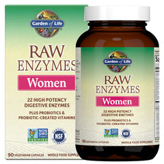 Garden of Life RAW Enzymes for Women bottle showing 22 enzymes for digestion support