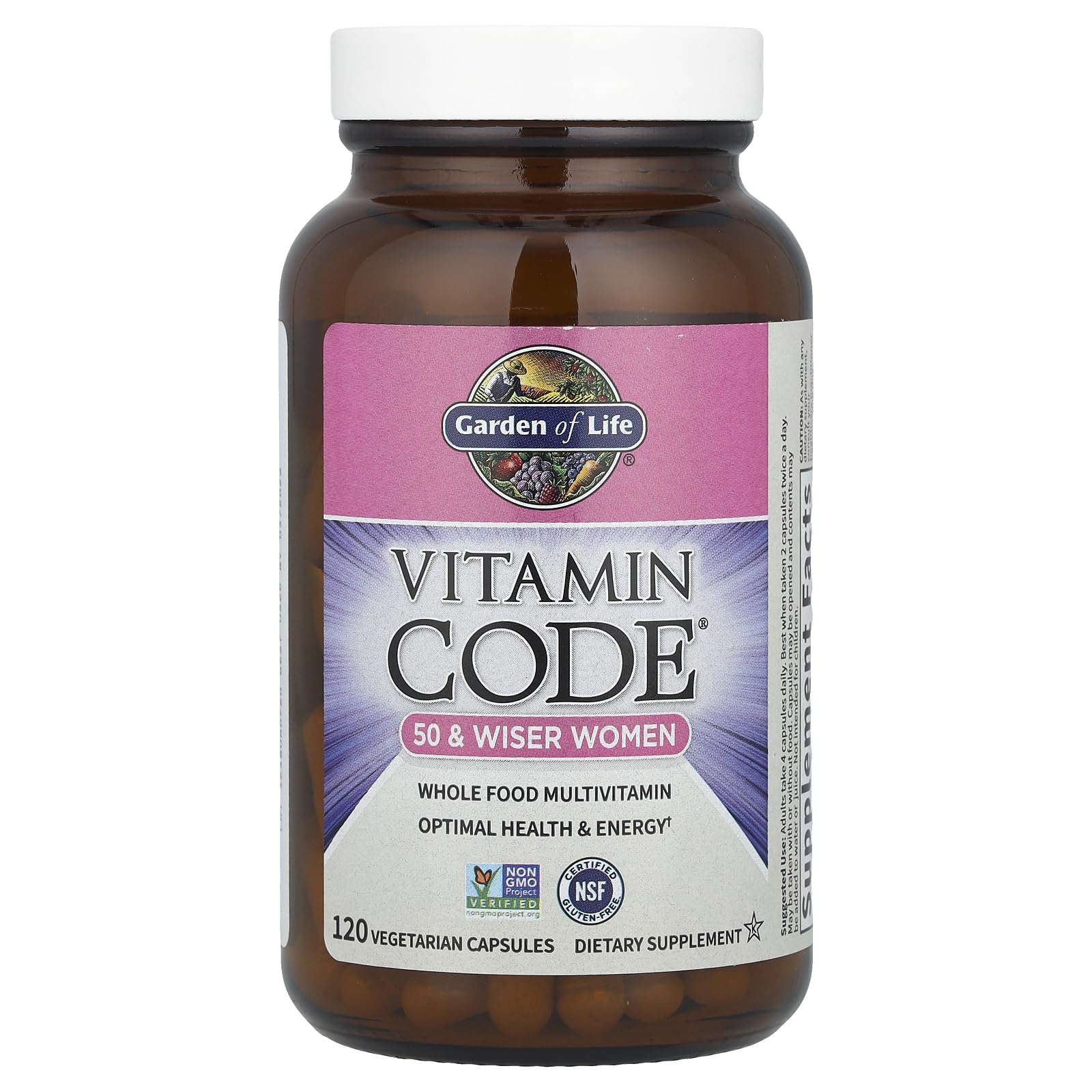 Garden of Life bottle capsules close-up, raw multivitamin for women 50+
