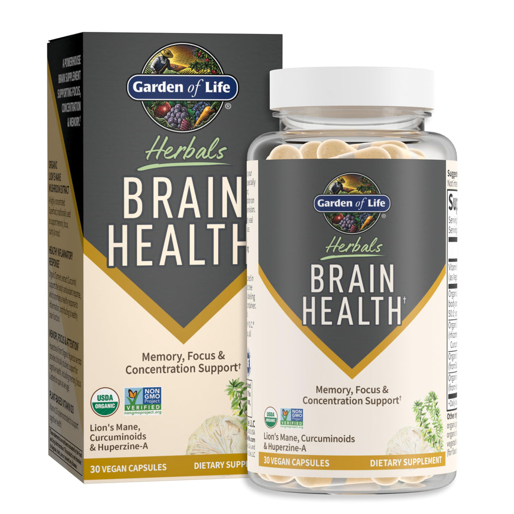 Garden of Life Brain Health bottle front, vegan capsules for daily cognitive support