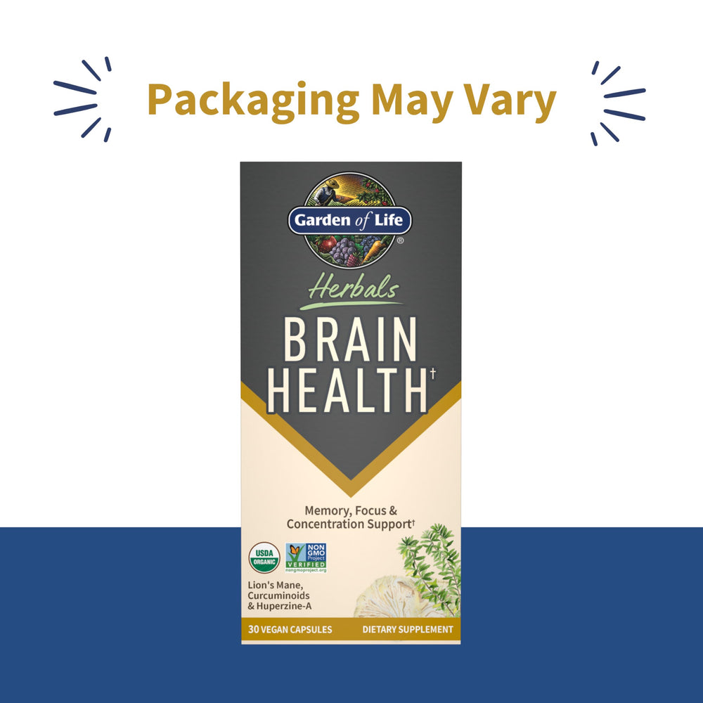 Close-up of Brain Health capsules highlighting organic ingredients for mental wellness