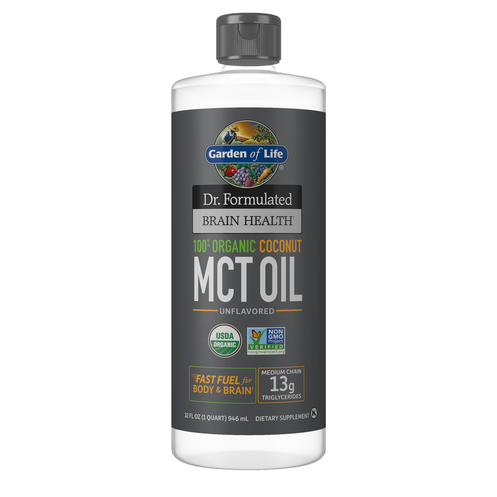 Garden of Life Brain Health MCT oil bottle highlights organic extraction for quick energy.