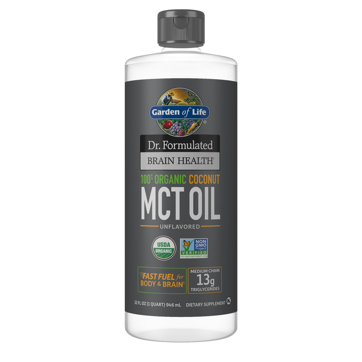 Garden of Life Brain Health MCT oil bottle highlights organic extraction for quick energy.
