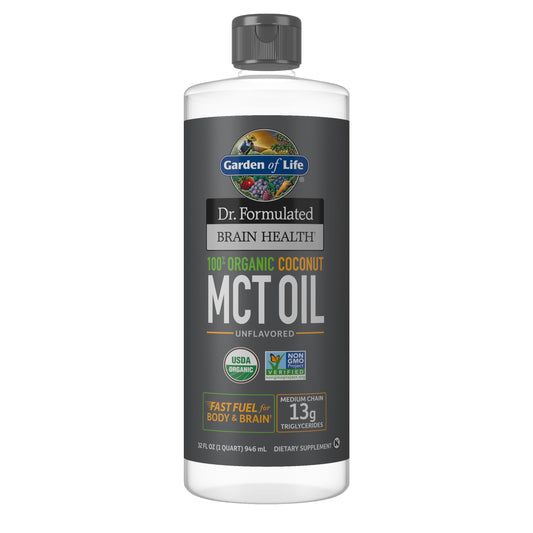 Garden of Life Brain Health MCT oil bottle highlights organic extraction for quick energy.