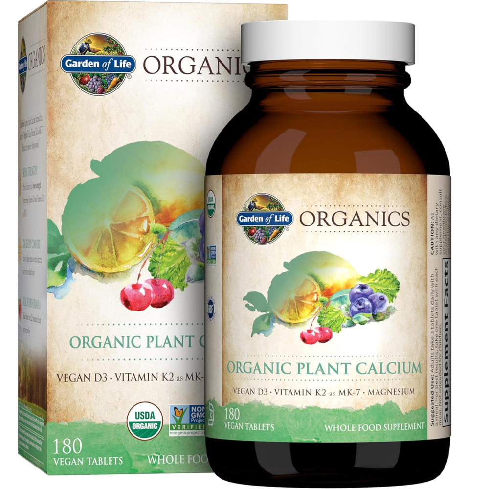 Garden of Life calcium organic algae bottle showing plant-based mineral source for daily use.