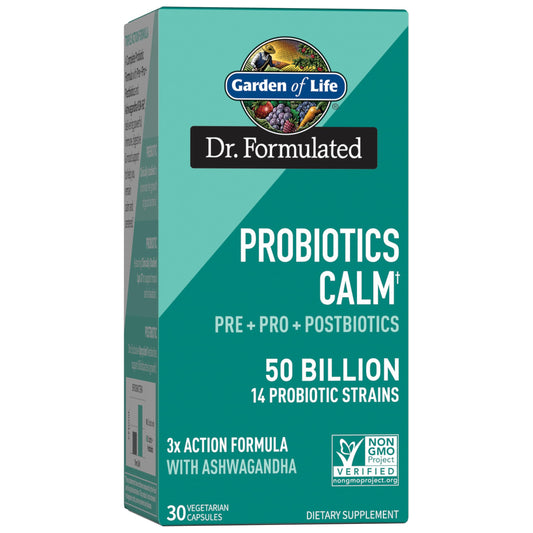 Garden of Life Calm probiotic 50 billion CFU capsule supports mood and digestive balance.