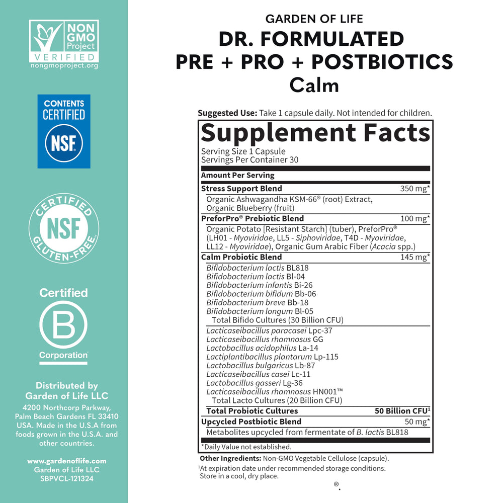 Garden of Life Calm vegetarian capsule pack for easy daily digestive and immune support.