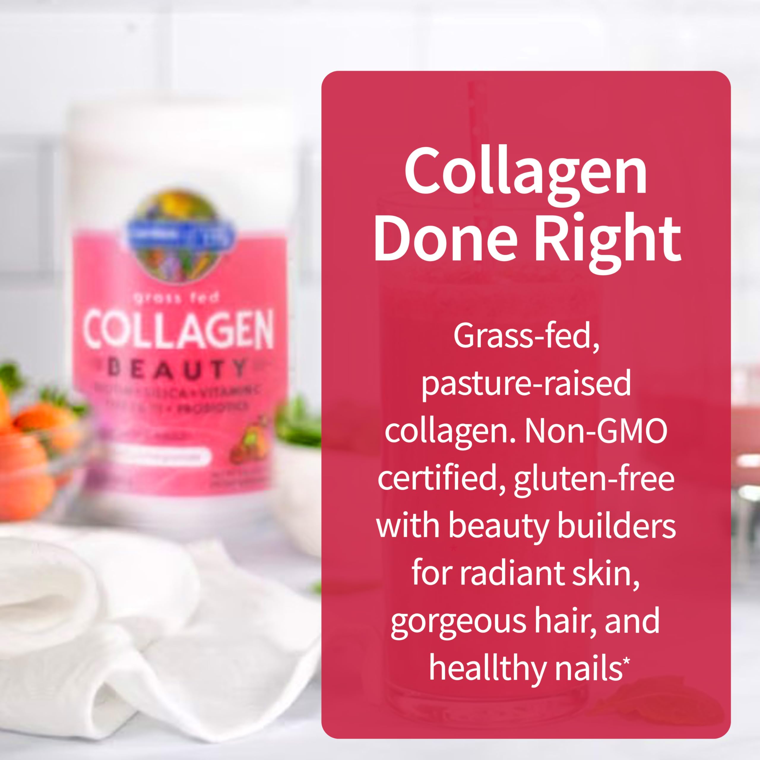 Garden of Life Collagen Beauty bottle label closeup showcases ingredients and certifications.