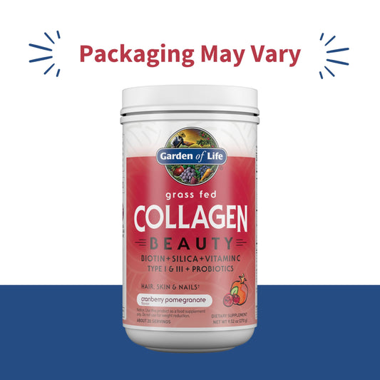 Garden of Life Collagen Beauty drink in glass highlights cranberry-pomegranate flavor for daily use.