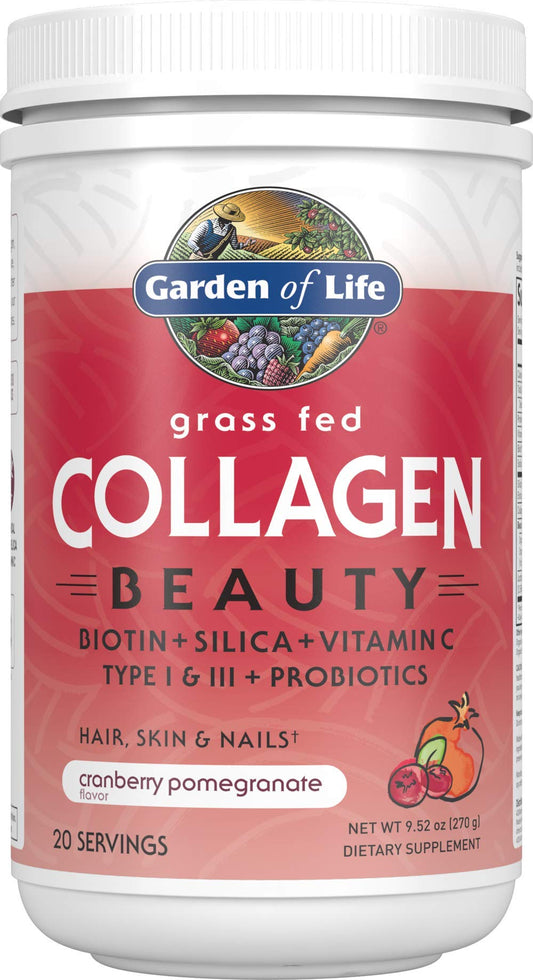 Garden of Life Collagen Beauty cranberry-pomegranate tub shown, supports hair, skin, and nails.