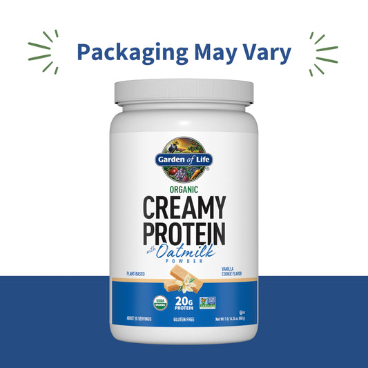 Scoop of Garden of Life Creamy Plant Protein Vanilla Cookie for quick protein