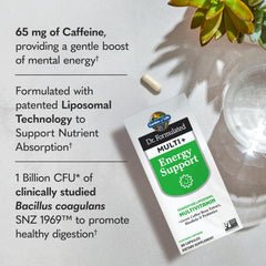 Garden of Life Dr. Formulated Multi+ Energy bottle pour enables quick daily energy support