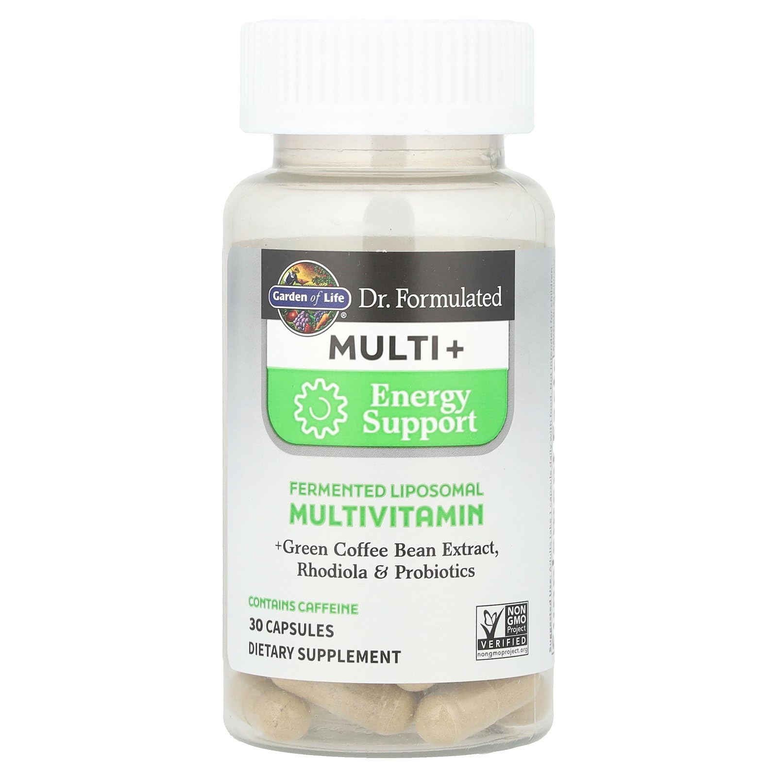 Garden of Life Dr. Formulated Multi+ Energy capsules close-up shows quality capsules
